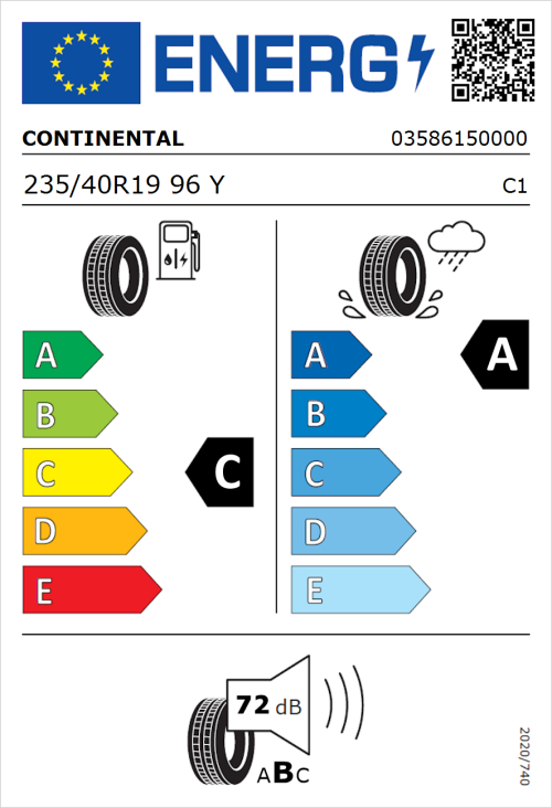 Tyre Label for Continental PremiumContact 6 235/40R19 96Y