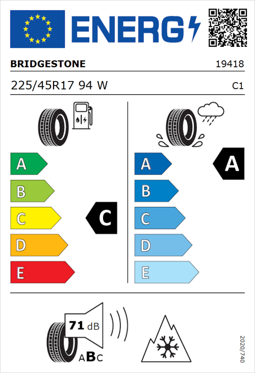 Tyre Label for Bridgestone Weather Control A005 EVO 225/45R17 94W