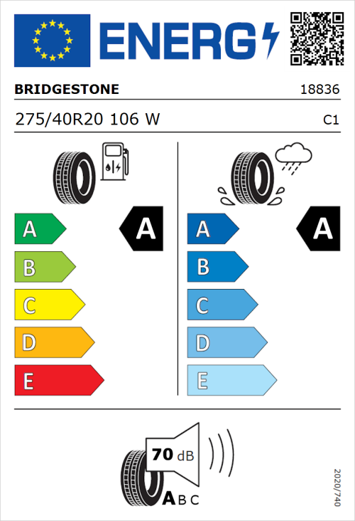 Tyre Label for Bridgestone Alenza 001 275/40R20 106W