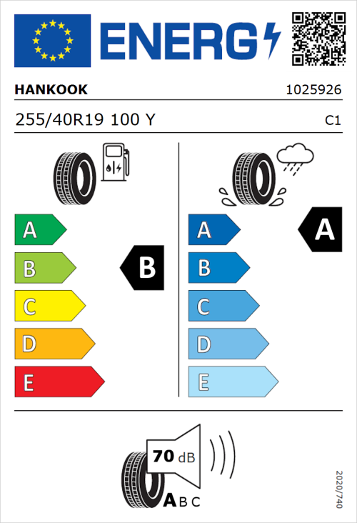 Tyre Label for Hankook Ventus S1 Evo 3 Runflat (K127B) 255/40R19 100Y