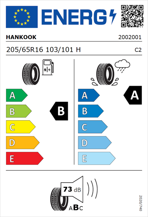 Tyre Label for Hankook Vantra LT RA18 205/65R16 103/101H