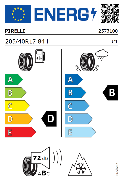 Tyre Label for Pirelli Winter Sottozero 3 205/40R17 84H