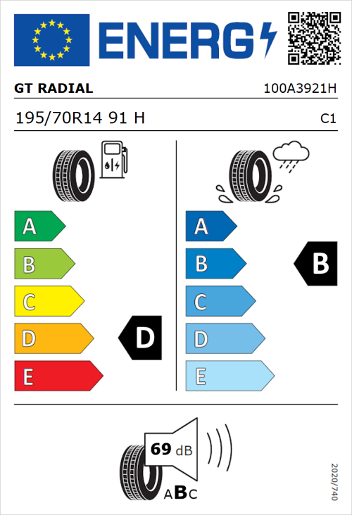 Tyre Label for GT Radial FE1 City 195/70R14 91H