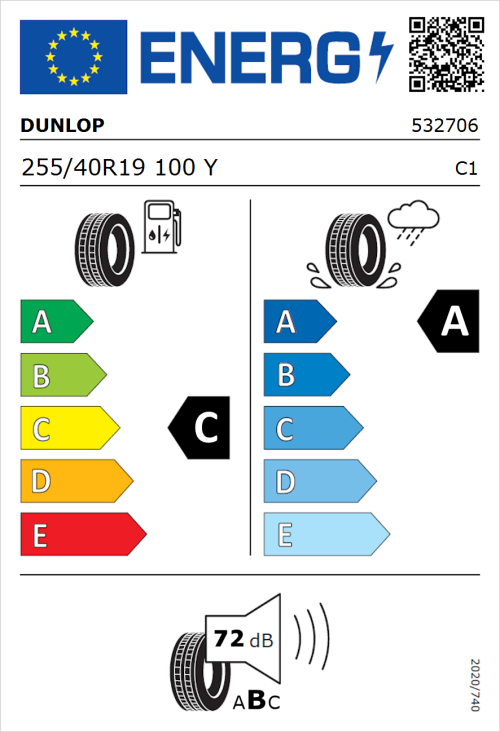 Tyre Label for Dunlop SP Sport Maxx RT 2 255/40R19 100Y