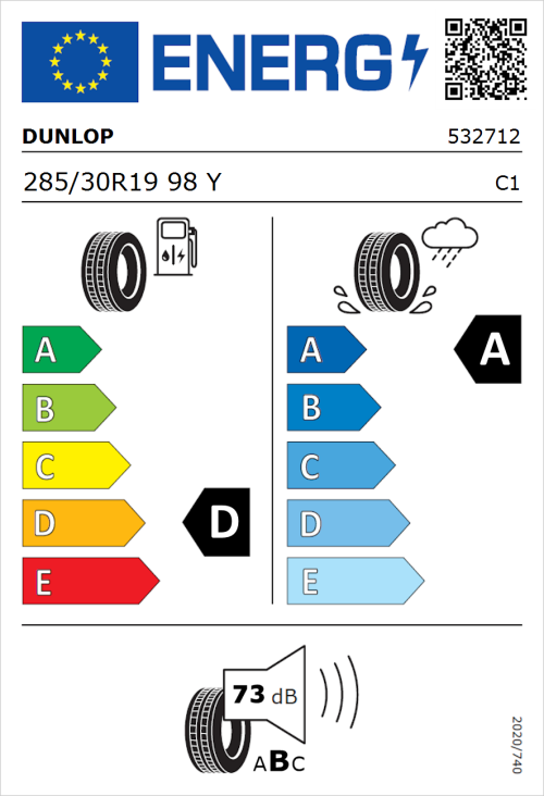 Tyre Label for Dunlop SP Sport Maxx RT 2 285/30R19 98Y
