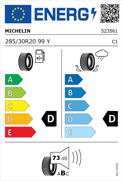 Tyre Label for Michelin Pilot Sport Cup 2 285/30R20 99Y